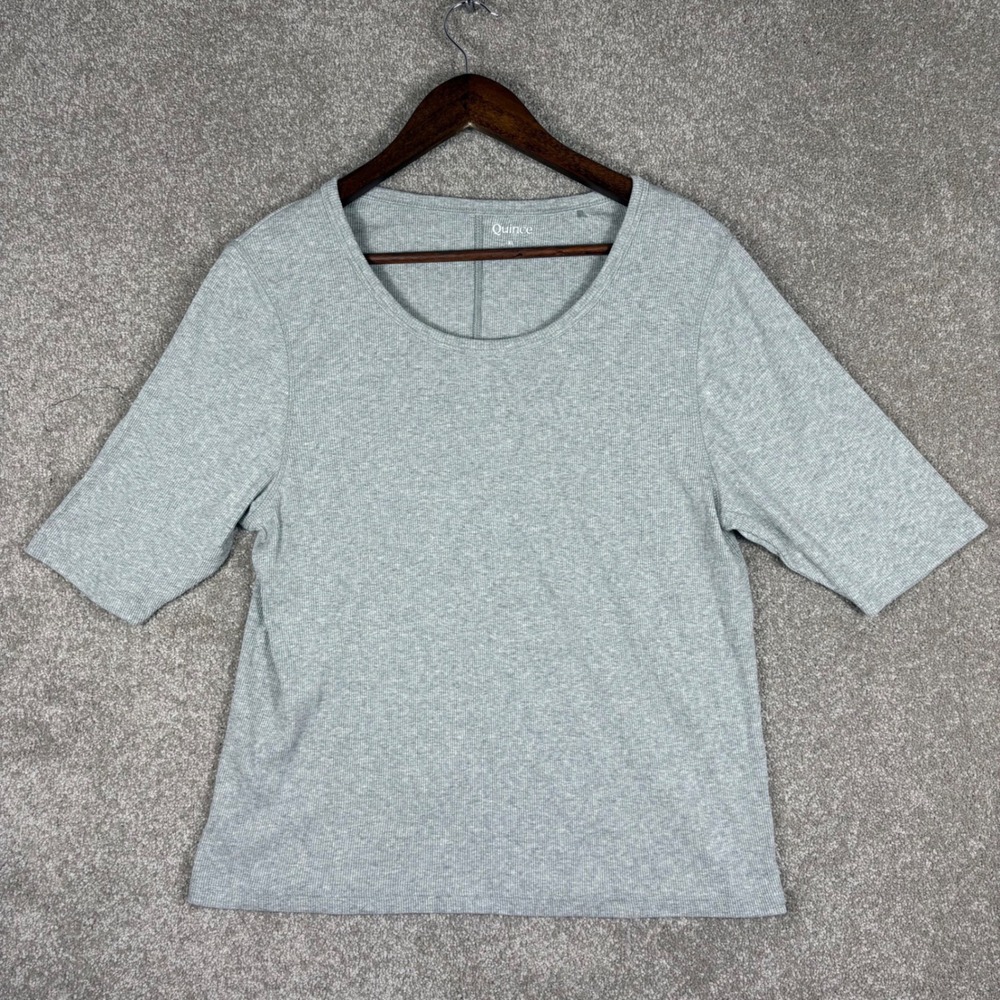 Quince Grey Organic Cotton Ribbed Scoop Neck Elbow Sleeve Top XL